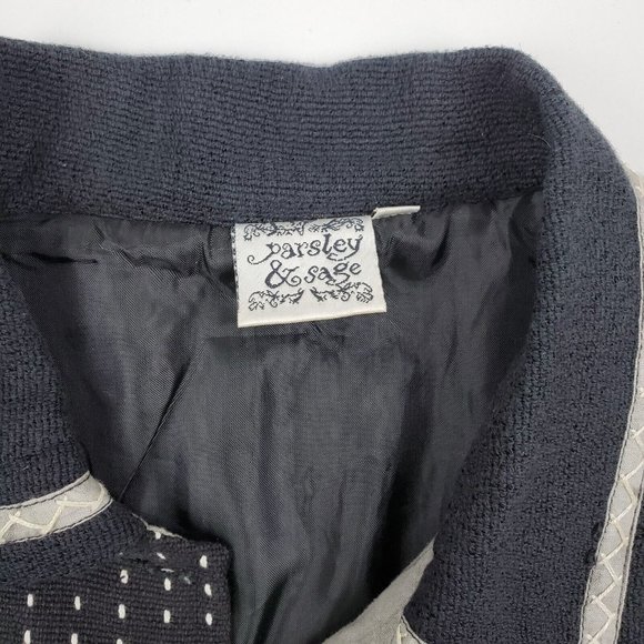 Parsley & Sage Womens Blazer Jacket Lining Button Down Black Cream Small Cotton - Picture 3 of 7